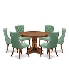 7-Pc Dinner Set Consist A Mid Century Dining Table And 6 Willow Green Chairs