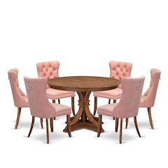 7-Pc Dining Set Consist A Mid Century Table And 6 Beige Red Upholstered Chairs