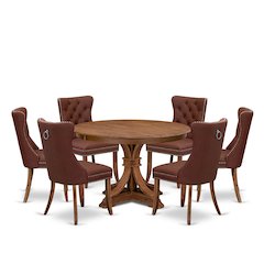 7-Pc Modern Set Consist A Mid Century Dining Table And 6 Burgundy Parson Chairs