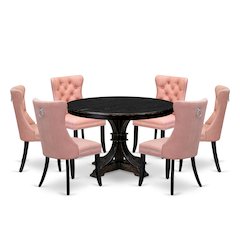 7 Piece Dining Set Consists Of 48" Round Table In Beige Red Color