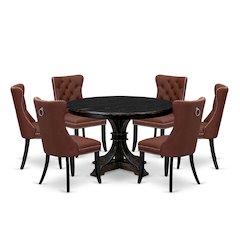 7 Piece Dining Table Set Consists Of 48" Round Table In Burgandy Color