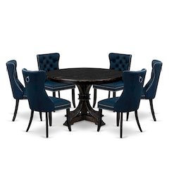 7 Piece Dining Table Set Includes 48" Round Table In Navy Blue Color