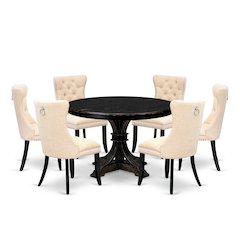 7-Piece Dining Set A Kitchen Table, 6 Light Beige Linen Fabric Dinning Chairs