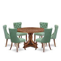 7-Pc Dining Set Contain A Dining Room Table, 6 Willow Green Upholstered Chairs