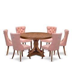 7-Pc Modern Dining Set Contain A Dining Table And 6 Beige Red Upholstered Chairs