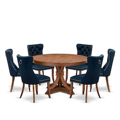 7-Pc Dining Room Set Contain A Dining Room Table And 6 Navy Blue Padded Chairs