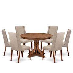 7-Piece Dining Table Set Of A Dining Table, 6 Light Tan Fabric Dinning Chair