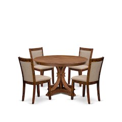 5-Pc Kitchen Table Set A Pedestal Dining Table, 4 Light Tan Fabric Dining Chairs