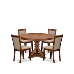 5-Pc Dining Table Set A Pedestal Dinner Table, 4 Light Tan Fabric Parson Chairs