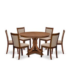7-Pc Kitchen Set Of A Pedestal Round Table, 6 Light Tan Fabric Dining Chairs