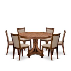 7-Pc Kitchen Table Set Of A Pedestal Kitchen Table, 6 Light Tan Fabric Chairs