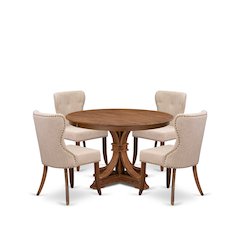 5-Pc Kitchen Set A Pedestal Wooden Round Table, 4 Light Tan Fabric Padded Chairs