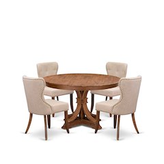 5-Pc Kitchen Table Set A Pedestal Dinner Table, 4 Light Tan Fabric Dining Chairs