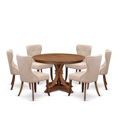 7-Pc Kitchen Table Set Of A Pedestal Dining Table, 6 Light Tan Fabric Chairs