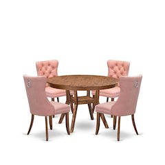 5-Pc Room Set Contain A Wooden Dining Table And 4 Beige Red Parson Dining Chairs