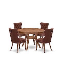 5-Pc Mid Century Dining Set Contain A Table And 4 Burgundy Upholstered Chairs