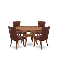 5-Pc Dining Table Set Include A Dinning Table And 4 Burgundy Upholstered Chairs