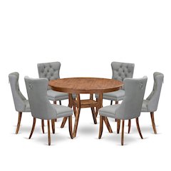7-Pc Dinner Table Set Include A Modern Table And 6 Light Gray Upholstered Chairs