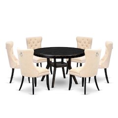 7-Piece Dining Set Of A Wood Table, 6 Light Beige Linen Fabric Kitchen Chair