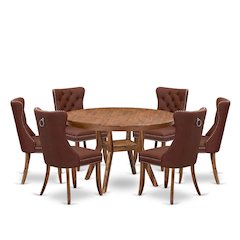 7-Pc Dinner Table Set Consist A Dinner Table And 6 Burgundy Padded Chairs