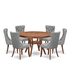 7-Pc Dining Set Consist A Dinner Table And 6 Light Gray Upholstered Chairs