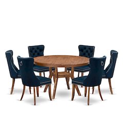 7-Pc Modern Dining Set Consist A Dinner Table And 6 Navy Blue Parson Chairs