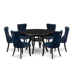 7 Piece Dining Table Set Contains 54" Round Table In Navy Blue Color