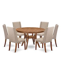 7-Piece Mid Century Dining Set Of A Dinner Table, 6 Light Tan Modern Chair