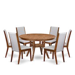 7-Pc Mid Century Modern Dining Set A Dinning Table, 6 Grey Fabric Padded Chairs