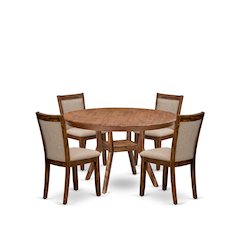 5-Pc Modern Dining Set A Pedestal Wooden Table, 4 Light Tan Fabric Dining Chairs
