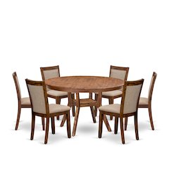 7-Pc Kitchen Table Set Of A Pedestal Breakfast Table, 6 Light Tan Fabric Chairs