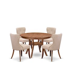 5-Pc Dining Set Of A Pedestal Kitchen Table, 4 Light Tan Fabric Kitchen Chairs