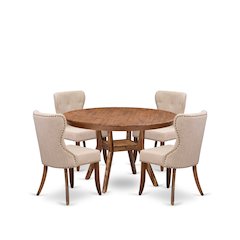 5-Pc Kitchen Table Set A Pedestal Table, 4 Light Tan Linen Fabric Kitchen Chairs