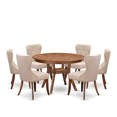 7-Pc Modern Dining Set A Pedestal Kitchen Table, 6 Light Tan Linen Fabric Chairs