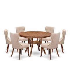 7-Pc Dining Set Of A Pedestal Dining Table, 6 Light Tan Fabric Parson Chairs