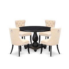 5-Piece Dining Set Of A Wood Table, 4 Light Beige Linen Fabric Dinner Chairs