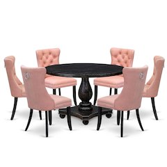 7 Piece Dining Set Consists Of 48" Round Table In Beige Red Color