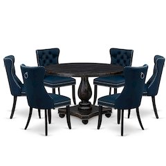7 Piece Dining Table Set Consists Of 48" Round Table In Navy Blue Color