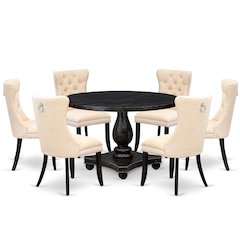 7-Piece Dining Set A Dining Table, 6 Light Beige Linen Fabric Parsons Chair