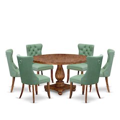 7-Pc Dining Set Contain A Mid Century Table, 6 Willow Green Upholstered Chairs