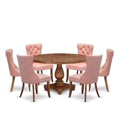 7-Pc Mid Century Dining Set Contain A Table And 6 Beige Red Upholstered Chairs