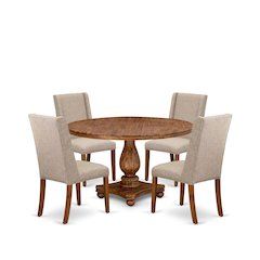 5-Piece Dining Room Set Of A Kitchen Table, 4 Light Tan Fabric Mid-Century Chair