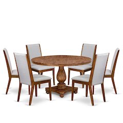 7-Piece Modern Dining Set A Wooden Kitchen Table, 6 Grey Fabric Modern Chairs