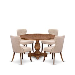 5-Pc Kitchen Table Set Of A Pedestal Wooden Table, 4 Light Tan Fabric Chairs