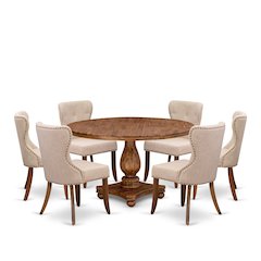 7-Pc Dining Table Set A Pedestal Dining Table, 6 Light Tan Fabric Parson Chairs
