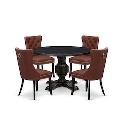 5 Piece Dining Table Set Contains 48" Round Table In Burgandy Color