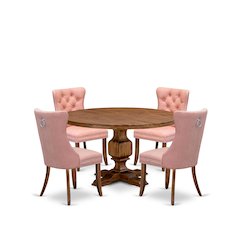 5-Pc Mid Century Modern Dining Set Include A Round Table And 4 Beige Red Chairs