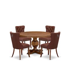 5-Pc Dinner Table Set Include A Round Table And 4 Burgundy Upholstered Chairs