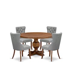5-Pc Dining Set Include A Round Dining Table And 4 Light Gray Padded Chairs