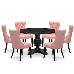 7 Piece Dining Set Includes 48" Round Kitchen Table In Beige Red Color